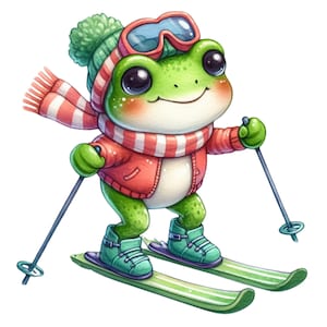 May include: A green frog wearing a red and white striped scarf, a green hat, and blue ski goggles is skiing down a snowy slope. The frog is holding ski poles in its hands.