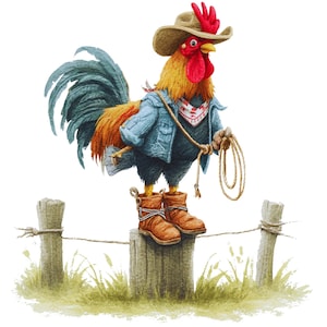 May include: A colorful illustration of a rooster dressed as a cowboy. The rooster wears a brown cowboy hat, a denim jacket, a red bandana, and brown boots. It stands on a wooden post, holding a rope, with a fence and grass in the background.