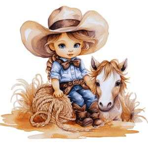 May include: A watercolor illustration of a young girl wearing a brown cowboy hat and a blue denim shirt riding a brown and white horse. The girl is holding onto the horse's mane and has a big smile on her face. The horse is standing on a bed of brown hay.