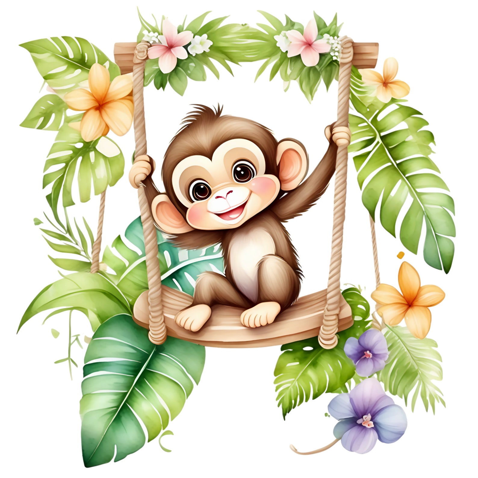 Monkey on Swing- Fabric Panel Square ~4,5, 6, 8, 10, 12, 14, Inch ...