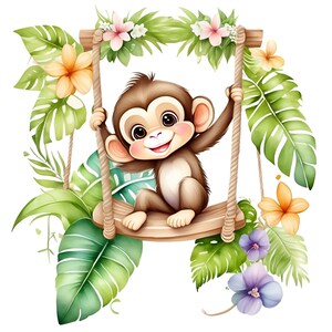 May include: A cute cartoon monkey with brown fur sits on a wooden swing set against a backdrop of lush green tropical leaves and pink flowers.
