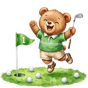 May include: A brown teddy bear wearing a green polo shirt and beige shorts, jumping on a patch of green grass with several white golf balls, a golf club in one hand, and a green flag with the number 1 on a pole near a golf hole.