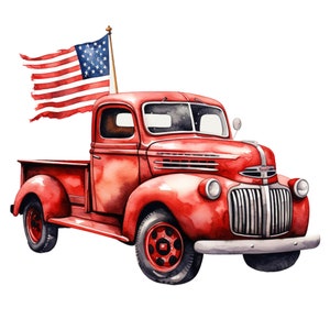 Red Truck with Flag Fabric Panel ~ 4,5,6, 8, 10, 12, 14 inch fabric panel for sewing projects