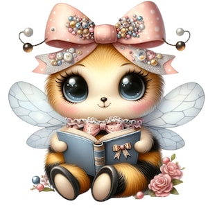 May include: A cute cartoon bee with large blue eyes wearing a pink bow with pearl accents and a white lace collar. The bee is holding a blue book with a pink bow on the cover and is sitting on a white background with pink flowers.
