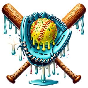 May include: A stylized illustration features a baseball glove, a baseball, and two crossed baseball bats. The baseball is yellow with red stitching and green sprinkles. The glove is light blue, and the bats are brown. All elements have a dripping effect.