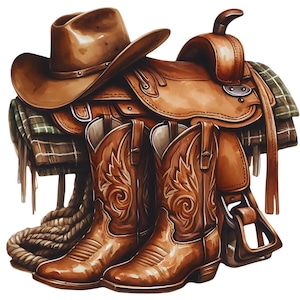 May include: Watercolor illustration of a cowboy hat, saddle, and boots. The brown leather saddle is detailed with stitching and metal hardware. The boots have decorative stitching. A plaid blanket and rope complete the Western theme.