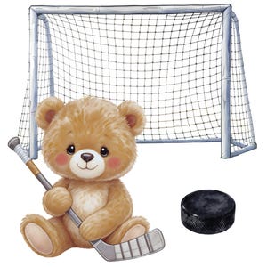 May include: A cute cartoon illustration of a teddy bear playing hockey. The bear is light brown with rosy cheeks and is holding a hockey stick. A black hockey puck and a hockey goal are also in the image.