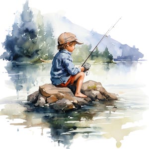 May include: A watercolor illustration of a child wearing a tan baseball cap, a blue long-sleeved shirt, and orange shorts, sitting on a cluster of rocks in a lake while holding a fishing rod with a reel, surrounded by blue-toned trees.