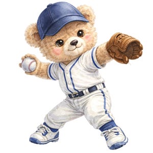 May include: A light brown teddy bear wearing a white baseball uniform with blue trim, a blue cap, and white sneakers. The bear is in a pitching stance, holding a white baseball with red stitching in one hand and wearing a brown leather glove.