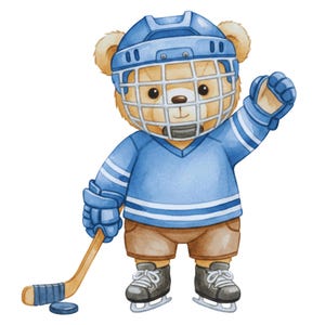 May include: Watercolor illustration of a teddy bear in a blue hockey uniform, helmet, and skates. The bear is holding a hockey stick and puck, with one arm raised. The bear is wearing brown shorts and black skates.