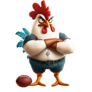 May include: A cartoon illustration of an anthropomorphic rooster with an angry expression. The rooster is wearing a blue shirt, shorts, and brown armbands, with a stopwatch around its neck. A brown football rests on the ground.