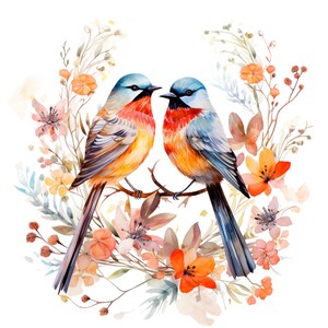 May include: Two watercolor painted birds perched on a branch surrounded by delicate pink and orange flowers. The birds are facing each other and have blue, red, and yellow feathers.