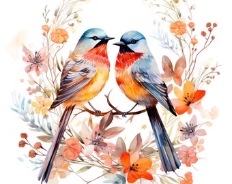 Two Blue Birds Fabric Panel ~ 4"x4",5x5,6x6, 8x8, 10x10, 12x12, 14x14, inch for sewing projects