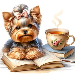 Yorkie Reading - Fabric Panel Square~ 4"x4",5x5,6x6, 8x8, 10x10, 12x12, 14x14 inch for sewing projects