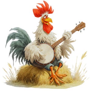 May include: A whimsical illustration of a rooster playing a banjo. The rooster has white feathers, a red comb and wattle, and orange feet. It is sitting on a haystack, with a banjo in its hands. The background is white.