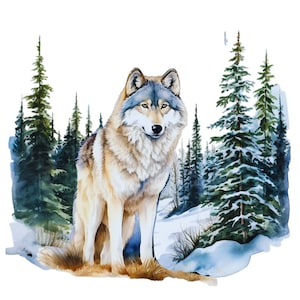 May include: A watercolor painting of a gray wolf standing in a snowy forest. The wolf is looking directly at the viewer with a serious expression. The trees are tall and slender, and the snow is falling softly.