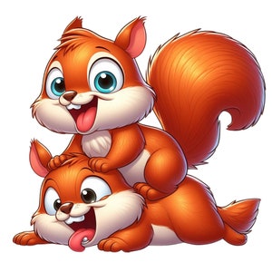 May include: Two cartoon squirrels, one on top of the other, with big eyes and open mouths. The squirrel on top has a bushy tail. Both squirrels are orange and brown.