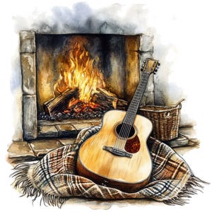 May include: A watercolor painting of a guitar resting on a plaid blanket in front of a fireplace. The fire is burning brightly and the guitar is in focus.