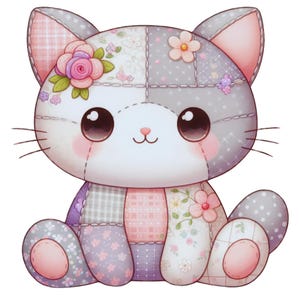 May include: A plush cat toy featuring a patchwork design with various pastel-colored fabrics, including floral, plaid, and polka dot patterns. The cat has large dark eyes, a small pink nose, and a pink rose accent on its left ear area.