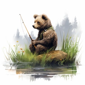 May include: A brown bear wearing a green vest sits on a rock by a river, holding a fishing rod. The bear is surrounded by green grass and wildflowers.