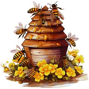 May include: A wooden beehive with a tiered, conical structure featuring drips of golden honey on its exterior. Several honeybees with black and yellow striped bodies and translucent wings are positioned around the hive and on yellow flowers.