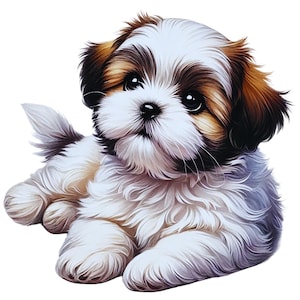 May include: A small, white, brown, and black Shih Tzu puppy with fluffy fur is lying on its belly with its head turned to the side. The puppy has a sweet expression on its face.
