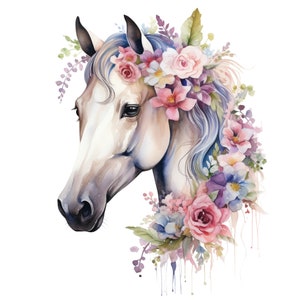 Horse With Pink Flowers Fabric Panel Square ~4,5, 6, 8, 10, 12, 14,  inch fabric panel for sewing projects