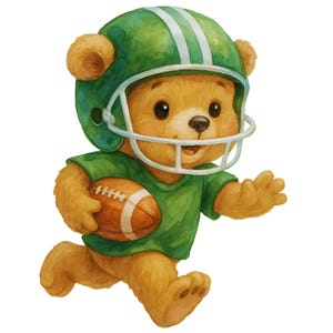 May include: Watercolor illustration of a teddy bear wearing a green football helmet and jersey, holding a brown football. The bear is running with a cheerful expression, perfect for sports-themed decor or children's items.