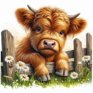 May include: A watercolor illustration of a fluffy, brown Highland calf peering over a wooden fence. The calf has large, expressive eyes and small horns. White daisies with yellow centers grow in the green grass in front of the fence.