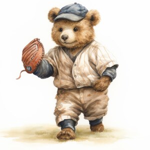 May include: A watercolor illustration of a brown teddy bear dressed in a baseball uniform, including a cap, jersey, and shorts. The bear is holding a baseball glove and appears to be walking on a grassy field. The overall theme is sports and childhood.