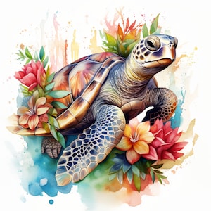 May include: A watercolor painting of a sea turtle with a colorful shell surrounded by tropical flowers. The turtle is swimming in a blue and green ocean with a white background.