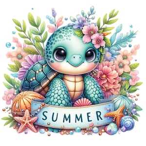 May include: A whimsical illustration of a cartoon turtle with a turquoise shell and head, adorned with pink and purple flowers. The turtle is surrounded by seashells, starfish, and the word "SUMMER" on a banner, creating a vibrant, summery theme.