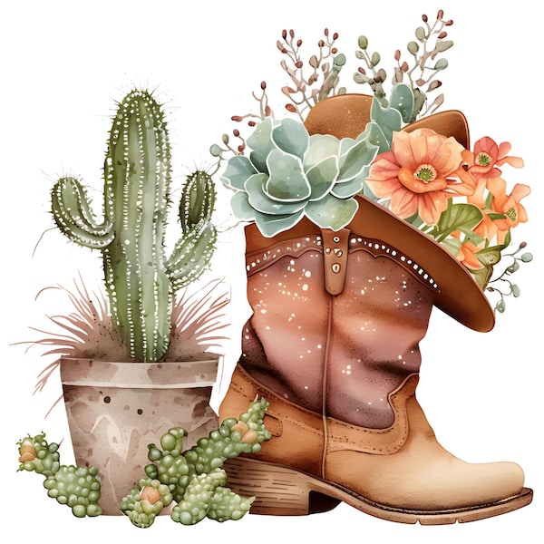 Cowboy Boot & Cactus - Fabric Panel Square ~ 4,5,6, 8, 10, 12, 14 inch fabric panel for sewing projects