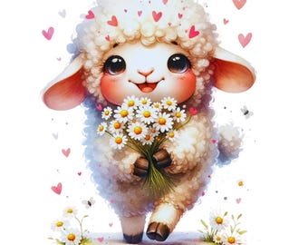 May include: A cute cartoon lamb with a fluffy white coat and pink cheeks holds a bouquet of white daisies. The lamb is surrounded by small pink hearts.