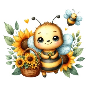 May include: A cute cartoon bee with big blue eyes and wings holds a basket of yellow sunflowers. The bee is wearing a yellow and black striped body and has a happy expression.