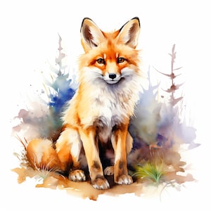 May include: A watercolor painting of a red fox sitting in a forest setting. The fox has a white chest and a bushy tail. The background is a watercolor wash of blue, green, and brown.