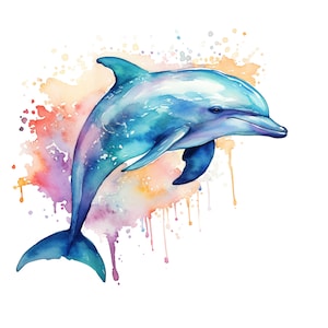 Watercolor Dolphin Fabric Panel Square ~4&quot;x4&quot;,5x5, 6x6, 8x8, 10x10, 12x12, 14x14, inch fabric panel for sewing projects