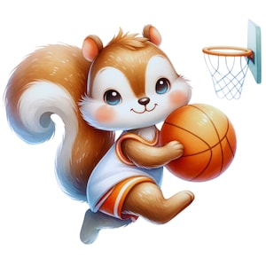 May include: A cartoon illustration of a squirrel wearing a basketball uniform, holding a basketball, and running towards a basketball hoop. The squirrel is brown and white with blue eyes. The basketball is orange with black lines.