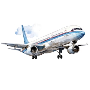 May include: A white and blue airplane with red accents is in mid-air. The airplane has a blue tail and a white body with red stripes. The airplane is flying over a white background.