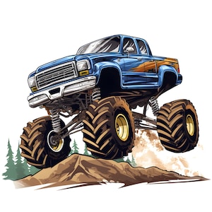 May include: A blue monster truck with oversized brown tires and gold rims is depicted jumping over a small dirt hill. The truck has a detailed front grill and a stylized flame design on the side.