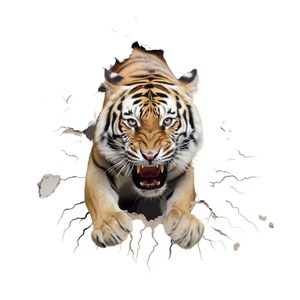 May include: A tiger with orange and black stripes is breaking through a white wall. The tiger has its mouth open and is showing its teeth. The tiger's eyes are wide open and it looks angry.