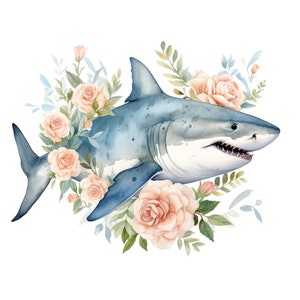 May include: A watercolor painting of a white shark with a floral arrangement of peach roses and green leaves.