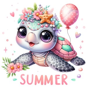 May include: A whimsical illustration of a cartoon turtle with large, expressive eyes and a floral crown. The turtle has a pink and teal shell, and a pink balloon. The word "SUMMER" is written in pink script below the turtle.