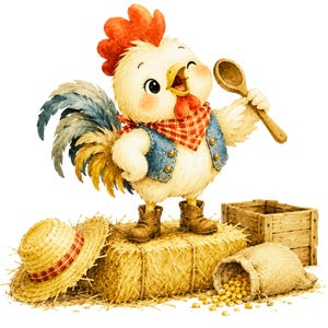 May include: A cartoon rooster with white feathers, a red comb, and a blue vest, wearing brown boots and a red checkered neckerchief. The rooster holds a wooden spoon while standing on a hay bale next to a straw hat, a wooden crate, and a sack of corn.