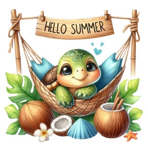 May include: A cute green turtle with big eyes is relaxing in a hammock with a blue pillow. The hammock is hanging between two wooden poles. The scene is decorated with coconuts, a seashell, and a sign that says "Hello Summer".