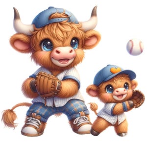 May include: Two fluffy brown Highland cattle characters dressed as baseball players. Both wear blue caps and white pinstriped jerseys. The larger one wears plaid pants and brown sneakers, holding a brown leather glove. A small baseball floats nearby.