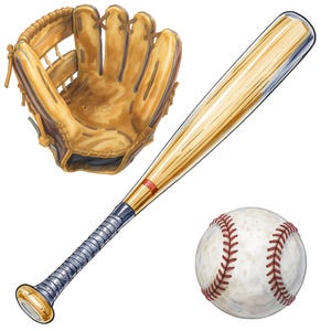 May include: A tan leather baseball glove with brown lacing, a wooden baseball bat with a grey grip and a red ring near the handle, and a white baseball with red stitching. These three items are arranged together as a set of sports equipment.