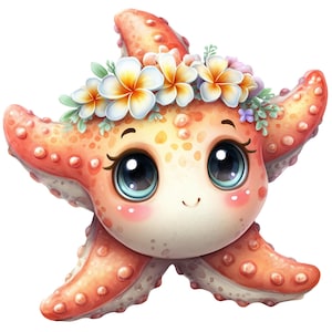 May include: A cartoon starfish with large, expressive eyes and a gentle smile. The starfish is a warm orange color with a crown of white and yellow flowers. The image has a soft, inviting aesthetic.