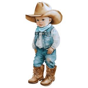 May include: A watercolor illustration of a young child dressed as a cowboy. The child is wearing a brown cowboy hat, a blue denim vest, a white shirt, blue jeans, and brown cowboy boots.