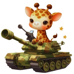 May include: A cartoon giraffe with brown spots sits inside a camouflage-patterned tank. The tank has a large gun barrel and a smaller gun mounted on top. Two gold stars are in the background.